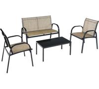 Conjunto de muebles de jardín COSTWAY de 4 piezas, que incluye un banco, 2 sillas y una mesa de centro, ideal para terrazas y balcones. Juego de muebles de exterior tipo lounge, color marrón