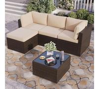 Conjunto de muebles de jardín de ratán sintético, de 3 piezas, con cojines de 7,5 cm de grosor y mesa de centro de vidrio. Salón de exterior resistente a la intemperie, con un banco de 196 cm de largo