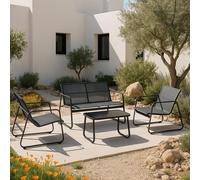 Conjunto de muebles de jardín Palencia, grupo de asientos para jardín, banco para 2 personas con mesa auxiliar, estructura de acero, color gris claro y