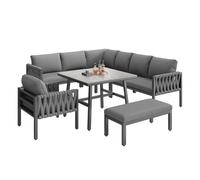 Conjunto de muebles de jardín - sofá esquinero, estructura de hierro galvanizado, mesa de vidrio templado, gris