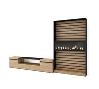 Conjunto de muebles de Salón Skraut Home, Estantería con Fuego XXL led efecto 3d y Mueble de Televisión, Veteado de madera, Tacto poroso de alta calidad, 310x35x186cm Oak/black-c