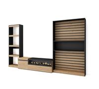 Conjunto de muebles de Salón Skraut Home, Estantería, Mueble TV, Fuego led efecto 3d, Veteado de madera, Tacto poroso de alta calidad, Medidas totales 320x35x186cm Oak and Black-320 Set C