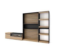 Conjunto de muebles de Salón Skraut Home, Estantería, Mueble TV, Fuego led efecto 3d, Veteado de madera, Tacto poroso de alta calidad, Medidas totales 320x35x186cm Oak and black - 320 set d