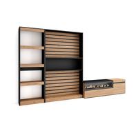 Conjunto de muebles de Salón Skraut Home, Estantería, Mueble TV, Fuego led efecto 3d, Veteado de madera, Tacto poroso de alta calidad, Medidas totales 320x35x186cm Oak and black - 320 set b