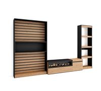 Conjunto de muebles de Salón Skraut Home, Estantería, Mueble TV, Fuego led efecto 3d, Veteado de madera, Tacto poroso de alta calidad, Medidas totales 320x35x186cm Oak and black - 320 set a