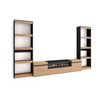 Conjunto de muebles de Salón Skraut Home, Estantería, Mueble TV, fuego led efecto 3d, Veteado de madera, Tacto poroso de alta calidad, Medidas totales 320x35x186cm Oak and black - 320 set b