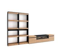 Conjunto de muebles de Salón Skraut Home, Estantería, Mueble TV, fuego led efecto 3d, Veteado de madera, Tacto poroso de alta calidad, Medidas totales 320x35x186cm Oak and black - 320 set a
