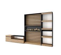 Conjunto de muebles de Salón Skraut Home, Estantería, Mueble TV, Fuego XXL led efecto 3d, Veteado de madera, Tacto poroso de alta calidad, Medidas totales 320x35x186cm Oak/black - 320 set d
