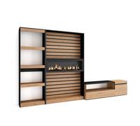 Conjunto de muebles de Salón Skraut Home, Estantería, Mueble TV, Fuego XXL led efecto 3d, Veteado de madera, Tacto poroso de alta calidad, Medidas totales 320x35x186cm Oak/black - 320 set b