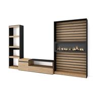 Conjunto de muebles de Salón Skraut Home, Estantería, Mueble TV, Fuego XXL led efecto 3d, Veteado de madera, Tacto poroso de alta calidad, Medidas totales 320x35x186cm OAK/BLACK-320 Set C