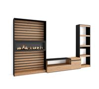 Conjunto de muebles de Salón Skraut Home, Estantería, Mueble TV, Fuego XXL led efecto 3d, Veteado de madera, Tacto poroso de alta calidad, Medidas totales 320x35x186cm Oak/black - 320 set a