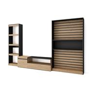 Conjunto de muebles de Salón Skraut Home, Estantería, Mueble TV, Veteado de madera, Tacto poroso de alta calidad, Medidas totales 320x35x186cm OAK/BLACK-320 Set C