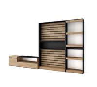 Conjunto de muebles de Salón Skraut Home, Estantería, Mueble TV, Veteado de madera, Tacto poroso de alta calidad, Medidas totales 320x35x186cm Oak/black - 320 set d