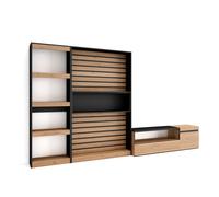 Conjunto de muebles de Salón Skraut Home, Estantería, Mueble TV, Veteado de madera, Tacto poroso de alta calidad, Medidas totales 320x35x186cm Oak/black - 320 set b