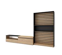 Conjunto de muebles de Salón Skraut Home, Estantería y organización, Mueble TV, Veteado de madera, Tacto poroso de alta calidad, 310x35x186cm Oak/black-d