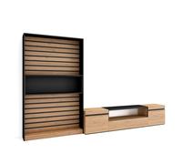 Conjunto de muebles de Salón Skraut Home, Estantería y organización, Mueble TV, Veteado de madera, Tacto poroso de alta calidad, 310x35x186cm Oak/black-a