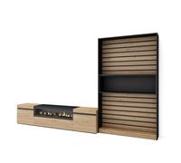 Conjunto de muebles de Salón Skraut Home, Estantería y organización y Mueble de Televisión con Fuego led efecto 3d, Veteado de madera, Tacto poroso de alta calidad, 310x35x186cm Oak and black - option