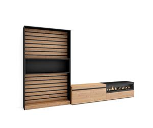 Conjunto de muebles de Salón Skraut Home, Estantería y organización y Mueble de Televisión con Fuego led efecto 3d, Veteado de madera, Tacto poroso de alta calidad, 310x35x186cm Oak and black - option