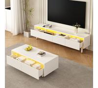 Conjunto de muebles para sala de estar STILVORA, que incluye un mueble bajo y una mesa de centro. El conjunto de muebles cuenta con iluminación LED y frentes de acrílico. El conjunto para sala de esta