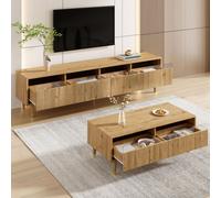 Conjunto de muebles para sala de estar STILVORA, que incluye un mueble bajo y una mesa de centro. El conjunto de muebles cuenta con iluminación LED y frentes de acrílico. Diseño de sala de estar con t