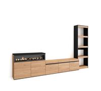 Conjunto de muebles Skraut Home, para Salón, Estantería, Mueble TV con tres puertas, Aparador con dos puertas y Fuego led efecto 3d, 310x35x186cm Oak/black - option a