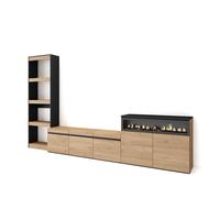 Conjunto de muebles Skraut Home, para Salón, Estantería, Mueble TV con tres puertas, Aparador con dos puertas y Fuego led efecto 3d, 310x35x186cm Oak/black - option b