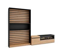 Conjunto de muebles Skraut Home, para Salón, Estantería y organización, Mueble TV con dos puertas y Fuego led efecto 3d, 260x35x186cm OAK/BLACK-D Option
