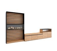 Skraut Home | Muebles de Salón para TV | Conjunto de Muebles Comedor | 360x186x35cm | para TV hasta 65" | Chimenea eléctrica | Estilo Moderno | Roble y Negro