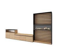 Skraut Home | Muebles de Salón para TV | Conjunto de Muebles Comedor | 360x186x35cm | para TV hasta 65" | Chimenea eléctrica | Estilo Moderno | Roble y Negro