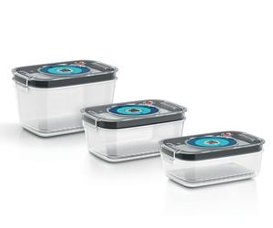 Conjunto de recipientes rectangulares grises y transparentes para el almacenamiento de alimentos, marca Bosch, modelo MSZV0FC3, capacidad de 1,7 litros, paquete de 3 unidades