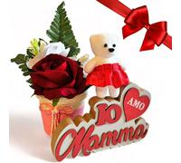 Conjunto de regalo para el Día de la Madre: figura de madera, jarra, oso y rosa de terciopelo