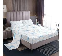 Conjunto de ropa de cama Silecomplaza con un adorable lazo azul, juego de cama completo para niñas, diseño de lazo de princesa "kawaii", lazo geométrico a cuadros, sábanas para niños, color azul y bla