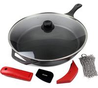 Conjunto de sartenes de hierro fundido Silecomplaza (premontado), diámetro 38 cm, incluye: mango de silicona grande y de apoyo, tapa de vidrio, limpiador para hierro fundido, limpiador para cadenas, e