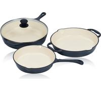 Conjunto de sartenes Mahlzeit de 3 piezas, con diámetros de 24 cm, 29,5 cm y 29 cm, color "Blue Berry", fabricadas en hierro fundido