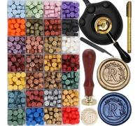 Conjunto de sellos de cera con calentador eléctrico, sello inicial de la letra R, perlas de cera, cuchara, conjunto de sellos de cera con letras, 732 piezas (R)