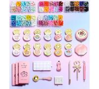 Conjunto de sellos para sellos de cera, set de sellos de cera con 50 colores, 1250 perlas vintage para sellos de cera, calentador de cera de madera, velas, sellos de cera, varilla metálica, cuchara pa