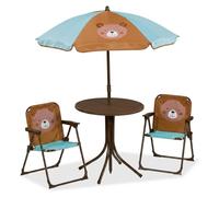 Conjunto de sillitas para niños Relaxdays, con motivo de oso, que incluye sillitas plegables, una mesa y un parasol, ideal para el jardín, en color marrón