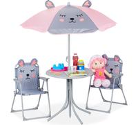 Conjunto de sillitas para niños Relaxdays, con motivo de ratón, que incluye sillitas plegables, una mesa y un parasol, ideal para el jardín, en color gris