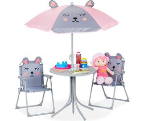 Conjunto de sillitas para niños Relaxdays, con motivo de ratón, que incluye sillitas plegables, una mesa y un parasol, ideal para el jardín, en color gris