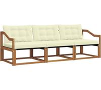 Conjunto de sofá de exterior fabricado en madera de acacia maciza, con capacidad para tres personas. Incluye cojines para el asiento y el respaldo, y es un conjunto modular ideal para terrazas y jardi