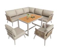 Conjunto de sofá de jardín esquinero 7 plazas - resistente a la intemperie con estructura de hierro, mesa de centro de madera y sillones con cojines - beige