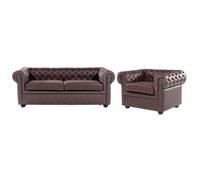 Conjunto De Sofás Para Salón Chesterfield Tapizado En Cuero Marrón Con Patas De Madera Oscura Sofá 3 Plazas Y Un Sillón Chesterfield