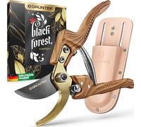 Conjunto de tijeras de podar premium GRÜNTEK, modelo bypass de 210 mm, con funda de cuero genuino, edición Black Forest, ideal para regalo. Cuchilla de precisión con revestimiento antiadherente, recub