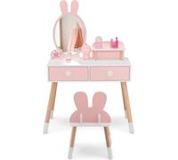 Conjunto de tocador y silla para niños de COSTWAY, modelo 2 en 1 con espejo, 2 cajones y estante de almacenamiento. Diseño de conejito, juego de maquillaje con patas de madera maciza para niñas, en co