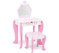 Conjunto de tocador y taburete para niños de la marca COSTWAY, que incluye un tocador con taburete, espejo desmontable y cajón. Es un conjunto de tocador 2 en 1 ideal para niños pequeños de 3 a 7 años