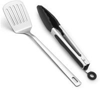 Conjunto de utensilios de cocina de acero inoxidable Ibenzoa® – 2 espátulas y 1 pinza de cocina, color plateado, robusto, ideal para uso doméstico, restaurantes, camping y barbacoas