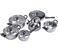 Conjunto de utensilios de cocina de acero inoxidable versátil. Incluye utensilios para cocinar varios platos en casa, como ollas con mangos y asas cómodas