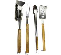 Conjunto de utensilios para barbacoa Unyqoos® de 4 piezas, 44 cm – Acero inoxidable y madera de acacia. Incluye: espátula para barbacoa con abrelatas y sierra, pinza ajustable, cepillo para barbacoa y