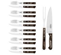 Conjunto de utensilios para parrilla Tramontina, de 14 piezas, acero inoxidable. Incluye: utensilios para carne, tenedor para cortar y cuchillo para cortar. Certificación