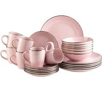Conjunto de vajilla moderna Silecomplaza para 6 personas, con borde de color latón, juego de 24 piezas que incluye platos y cuencos de diseño moderno sin borde, color rosa